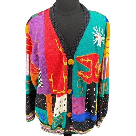 Vintage RARE Alfonso Pozo for Globetrotter Hand-Knit Art Cardigan  – L/XL - Picture 1 of 4